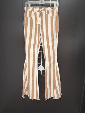 NWT, BESTTO High-Waist Striped Flare Jeans in Brown and White, SMALL